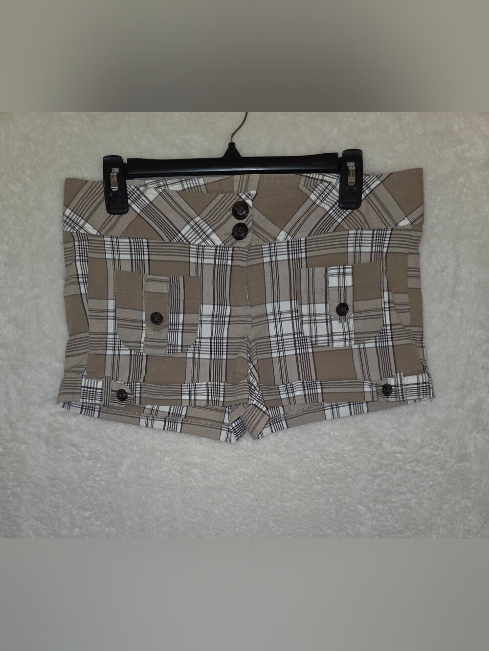 Vintage Charlotte Russe Y2K Plaid Mini Shorts Low Rise Cuffed Tan Khaki Sz 11